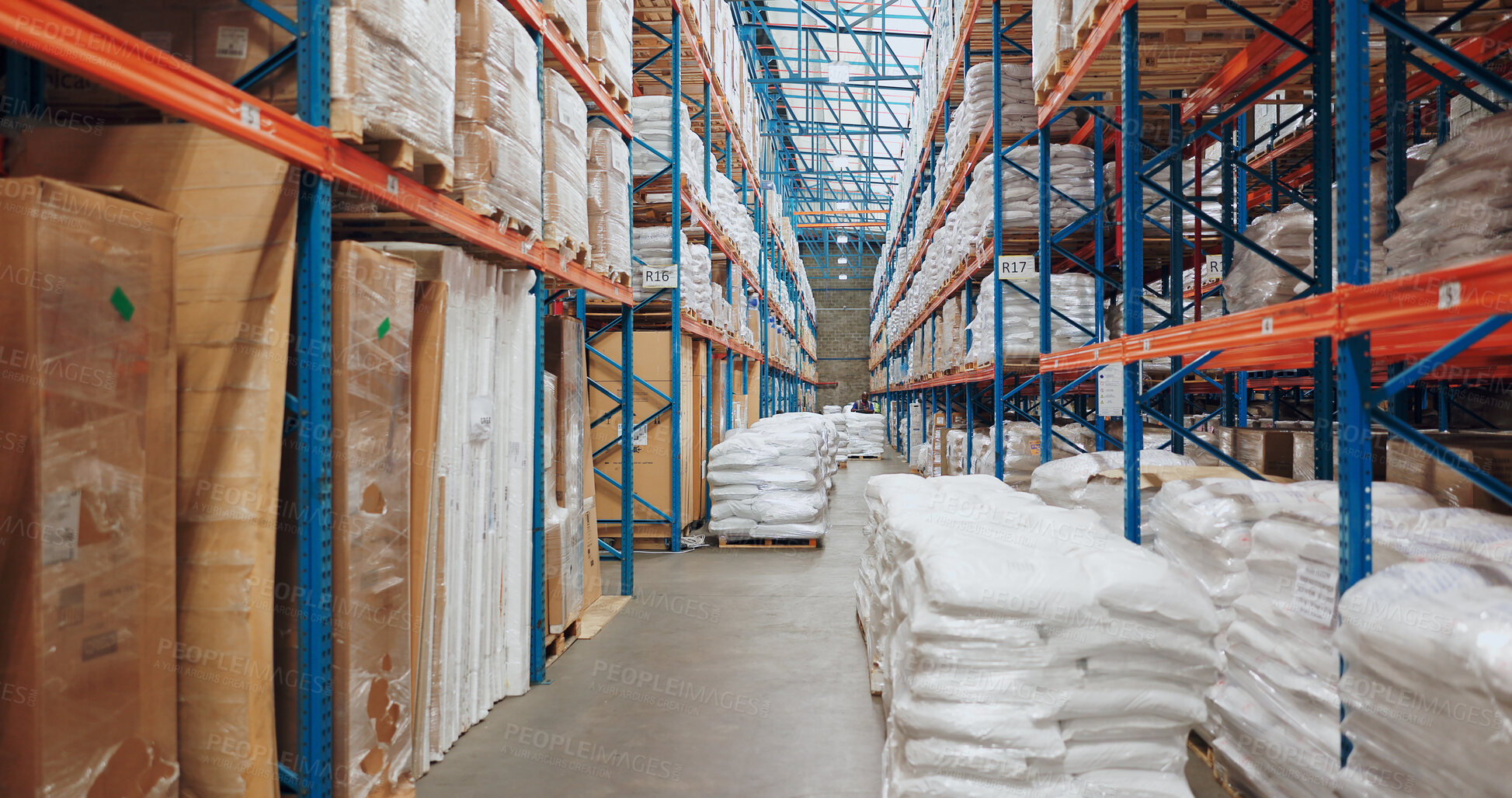 Buy stock photo Interior, distribution and storage for stock in warehouse with inventory and shipping business. Commercial building, wholesale supply chain and retail product for export industry and global logistics