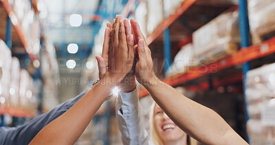 Buy stock photo People, hands and high five in logistics warehouse together, celebration and support for winning in commercial business. Collaboration, teamwork and distribution or shipping company, goals and target