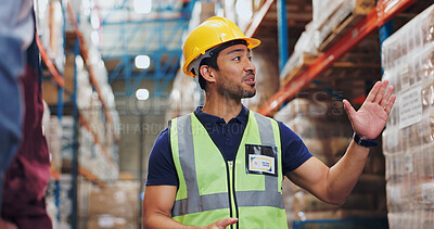 Buy stock photo Man, logistics and inspection of warehouse distribution safety, quality control and manufacturing development. Male person, speaking and engineer at shipping site, inventory freight and cargo process