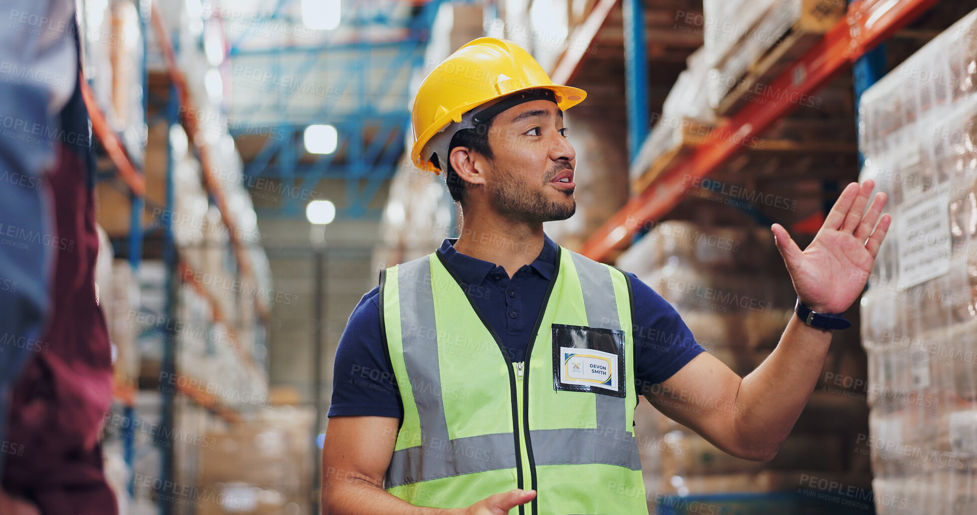 Buy stock photo Man, logistics and inspection of warehouse distribution safety, quality control and manufacturing development. Male person, speaking and engineer at shipping site, inventory freight and cargo process