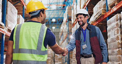 Buy stock photo Men, shaking hands and warehouse for deal with logistics, smile and contract for global shipping company. People, handshake and happy for agreement, collaboration and supply chain for distribution