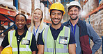 People, warehouse and smile on portrait for teamwork, collaboration and supply chain. Employee, diversity and happy at factory for logistics, manufacturing and delivery or distribution service