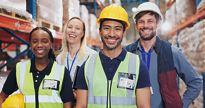 Buy stock photo People, warehouse and smile on portrait for teamwork, collaboration and supply chain. Employee, diversity and happy at factory for logistics, manufacturing and delivery or distribution service