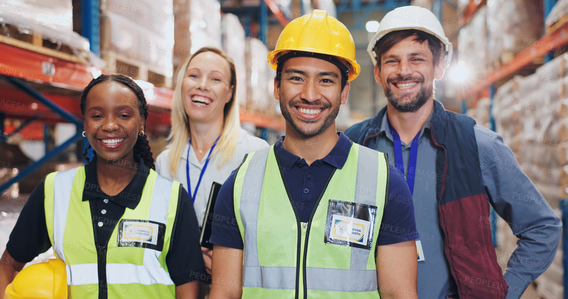 Buy stock photo People, warehouse and smile on portrait for teamwork, collaboration and supply chain. Employee, diversity and happy at factory for logistics, manufacturing and delivery or distribution service