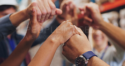 Buy stock photo People, warehouse and holding hands for teamwork, collaboration and synergy. Employee, deal and committed with logistics at factory for manufacturing, supply chain and distribution with happiness