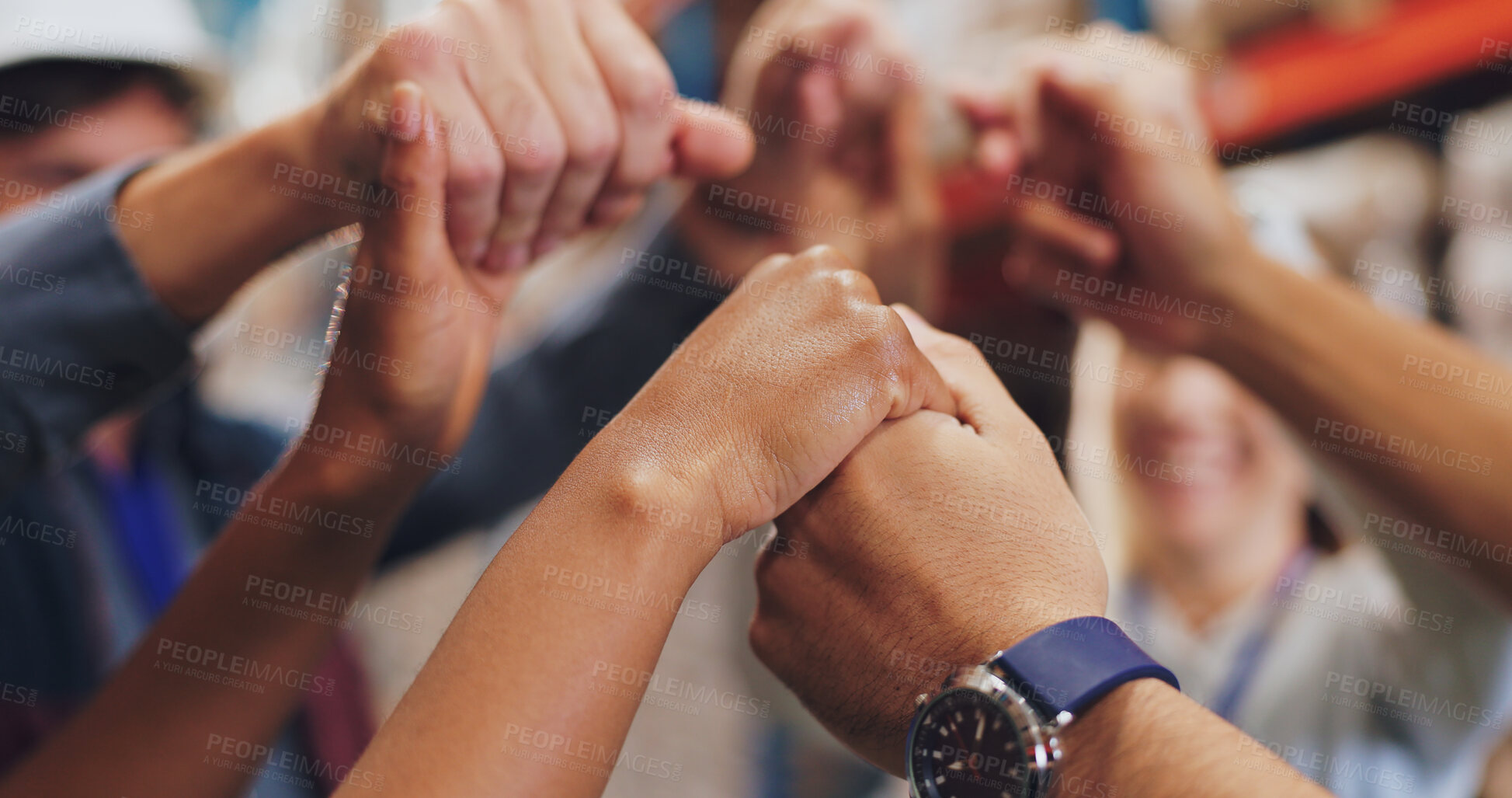 Buy stock photo People, warehouse and holding hands for teamwork, collaboration and synergy. Employee, deal and committed with logistics at factory for manufacturing, supply chain and distribution with happiness