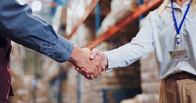 Buy stock photo Handshake, agreement and teamwork for people in warehouse, meeting and deal for supply chain. Partnership, logistics and management shaking hands, distribution collaboration and courier company