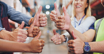 Buy stock photo People, hands and thumbs up in logistics warehouse, partnership and collaboration or yes hand gesture. Distribution, shipping and goals with employees together, group and thank you for support