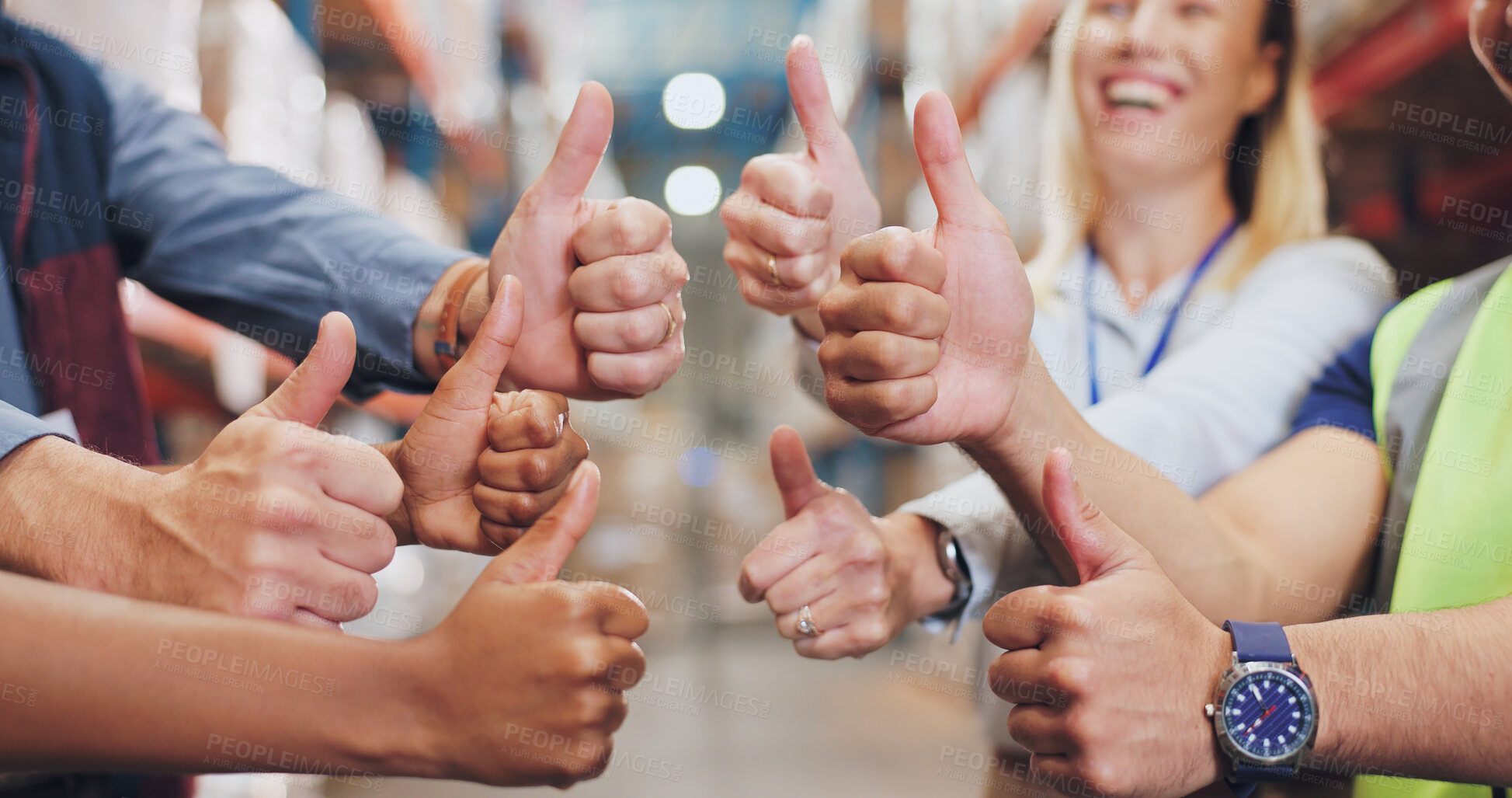 Buy stock photo People, hands and thumbs up in logistics warehouse, partnership and collaboration or yes hand gesture. Distribution, shipping and goals with employees together, group and thank you for support