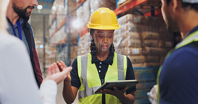 Buy stock photo Woman, tablet and team in warehouse for logistics with discussion, planning or check inventory. Men, people and group with digital touchscreen on app for supply chain, inspection and cargo in factory