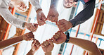 People, hands and fist bump in workplace for teamwork, collaboration and solidarity with synergy. Employee, circle and trust for strategy, partnership with support, diversity and mission in warehouse