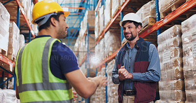 Buy stock photo Logistics, men and inspection of warehouse distribution safety, quality control or manufacturing development trade. People, speaking and teamwork at shipping site, inventory freight and cargo process