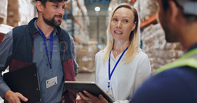 Buy stock photo Woman, tablet and group in warehouse for logistics with discussion, planning or check inventory. Men, people and team with digital touchscreen on app for supply chain, inspection and cargo in factory