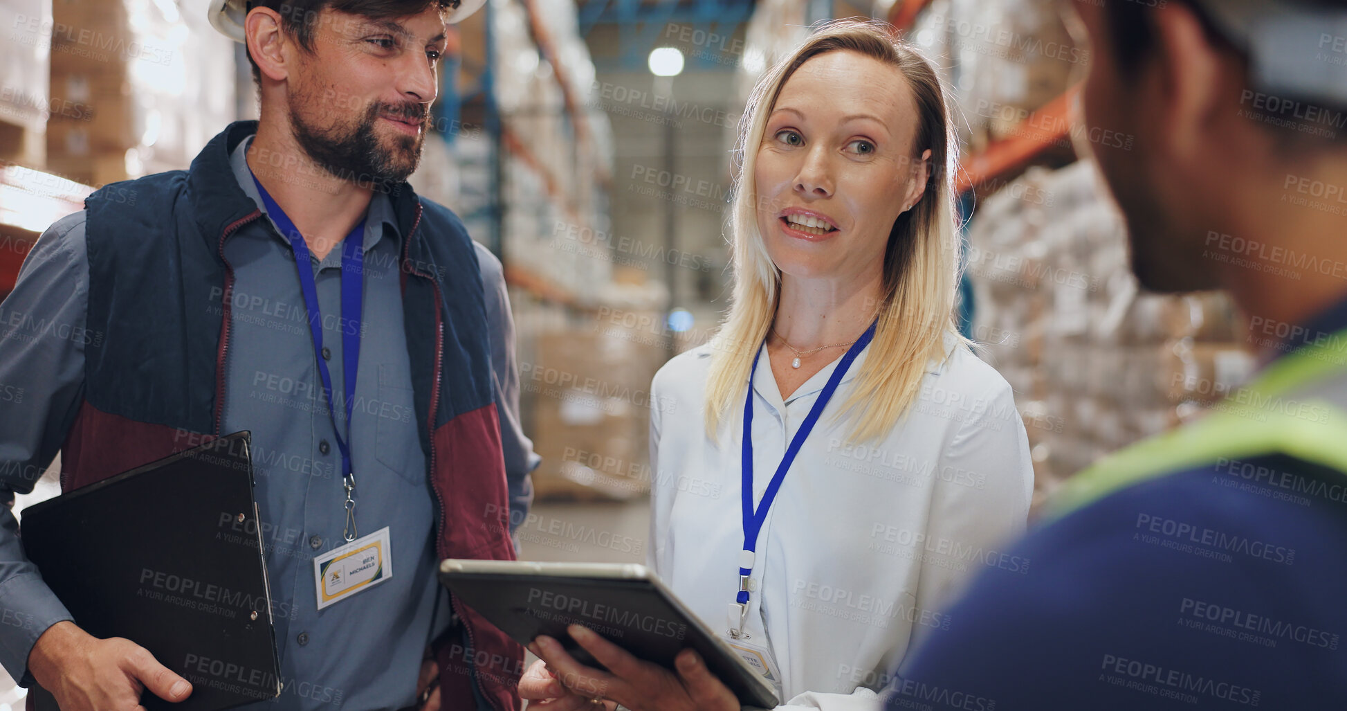 Buy stock photo Woman, tablet and group in warehouse for logistics with discussion, planning or check inventory. Men, people and team with digital touchscreen on app for supply chain, inspection and cargo in factory