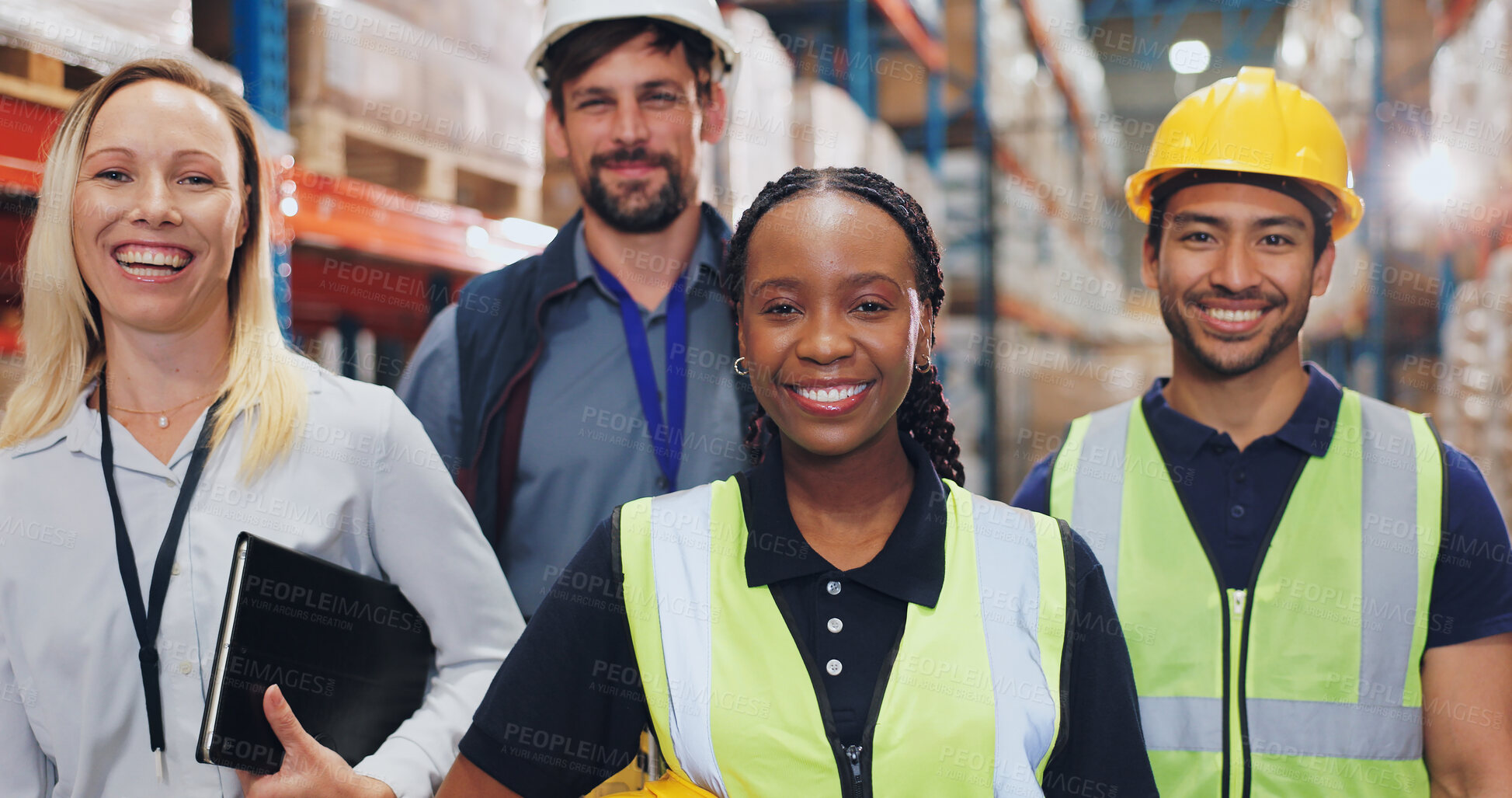 Buy stock photo People, warehouse and happy on portrait for teamwork, collaboration and supply chain. Employee, diversity and smile at factory for logistics, manufacturing and delivery or distribution service