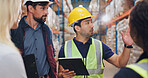 Man, customer and warehouse to explain with tablet for supply chain and selling product. Employee, people and conversation at factory for logistics, manufacturing and delivery or distribution service