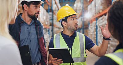 Buy stock photo Man, customer and warehouse to explain with tablet for supply chain and selling product. Employee, people and conversation at factory for logistics, manufacturing and delivery or distribution service