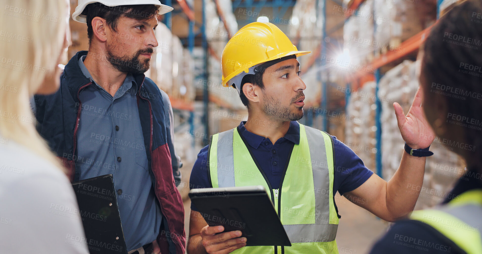 Buy stock photo Man, customer and warehouse to explain with tablet for supply chain and selling product. Employee, people and conversation at factory for logistics, manufacturing and delivery or distribution service