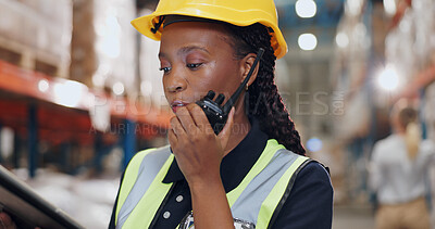 Buy stock photo Logistics, woman and radio in warehouse for communication, stock and safety in supply chain or freight. Factory, worker and industry for quality control in manufacturing, shipping for trade or export