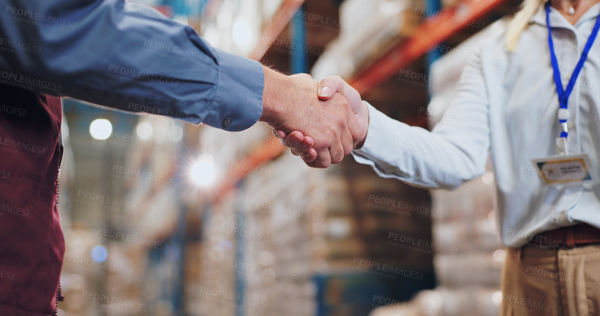 Buy stock photo Handshake, agreement and teamwork for people in warehouse, meeting and deal for supply chain. Partnership, logistics and management shaking hands, distribution collaboration and courier company