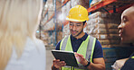 People, tablet and discussion in warehouse for logistics with group, planning and check inventory. Man, women and team with digital touchscreen on app for supply chain, inspection or stock in factory