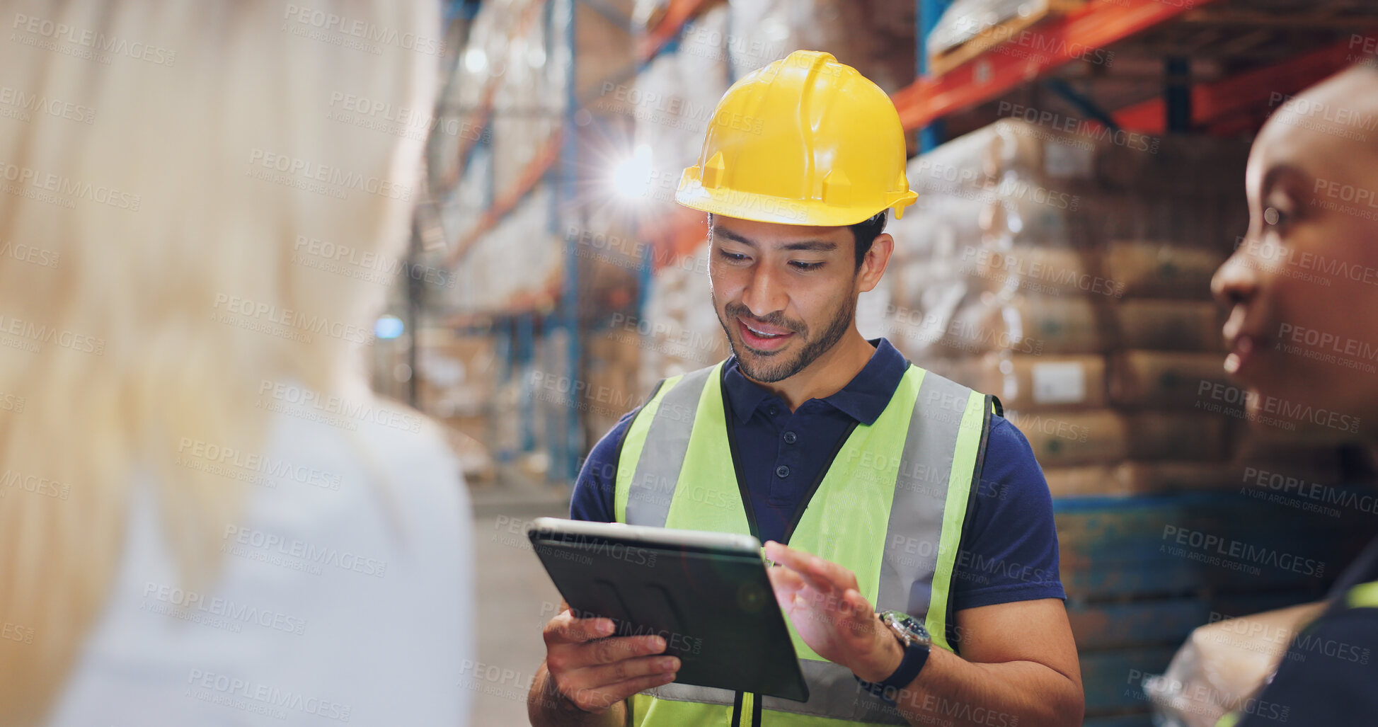 Buy stock photo People, tablet and discussion in warehouse for logistics with group, planning and check inventory. Man, women and team with digital touchscreen on app for supply chain, inspection or stock in factory