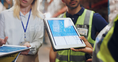 Buy stock photo Hands, architect and tablet for blueprint in logistics warehouse for building, design and expansion. Contractor, people and scrum on app for floor plan, review or meeting in factory for supply chain