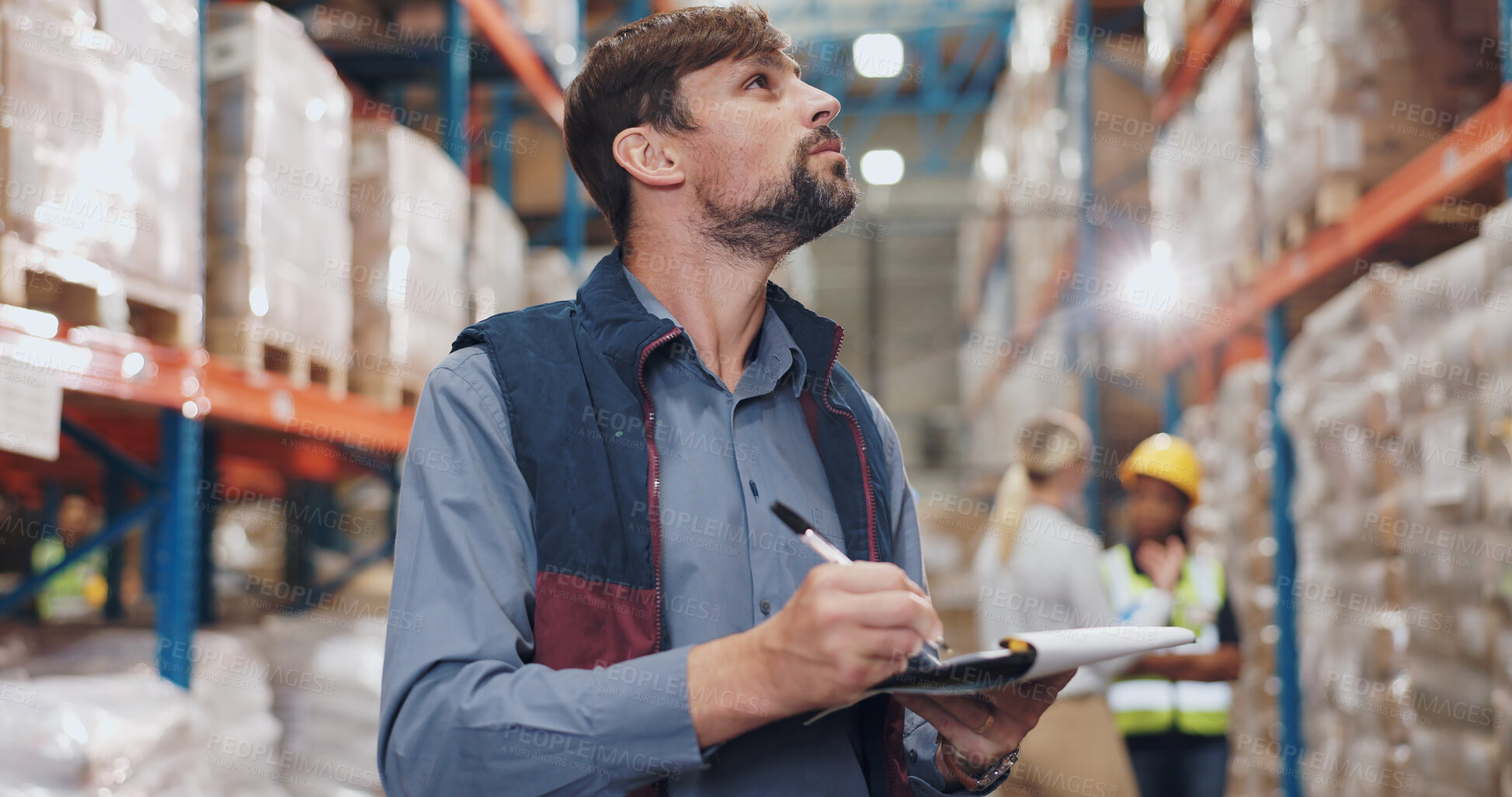 Buy stock photo Logistics, distribution and man with clipboard in warehouse for stock inspection, inventory check or freight shipping. Export, checklist and employee for delivery, supply chain or quality control