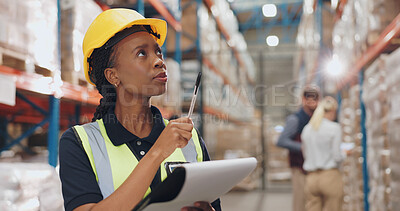 Buy stock photo Logistics, distribution and black woman with clipboard in warehouse for stock inspection, inventory check or shipping. Freight, checklist and employee for delivery, supply chain or quality control