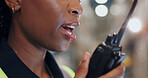 Engineer, talking and radio communication at construction site for planning building project closeup. Architect, speaking and person on transmitter for work conversation, maintenance or development