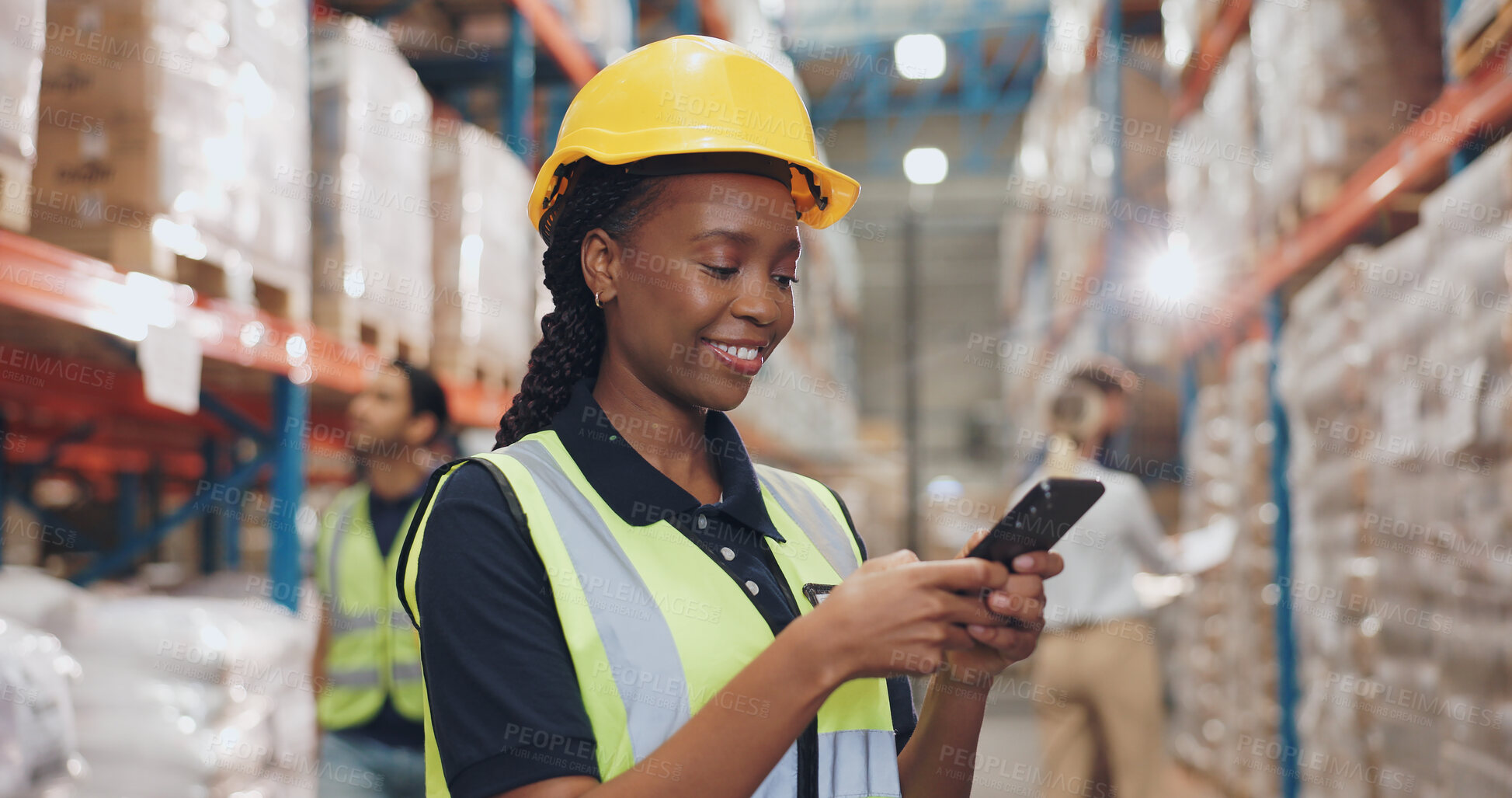 Buy stock photo Logistics, woman and phone in warehouse in communication, stock and safety in supply chain or freight. Factory, officer and industry for quality control in manufacturing, shipping in trade or export