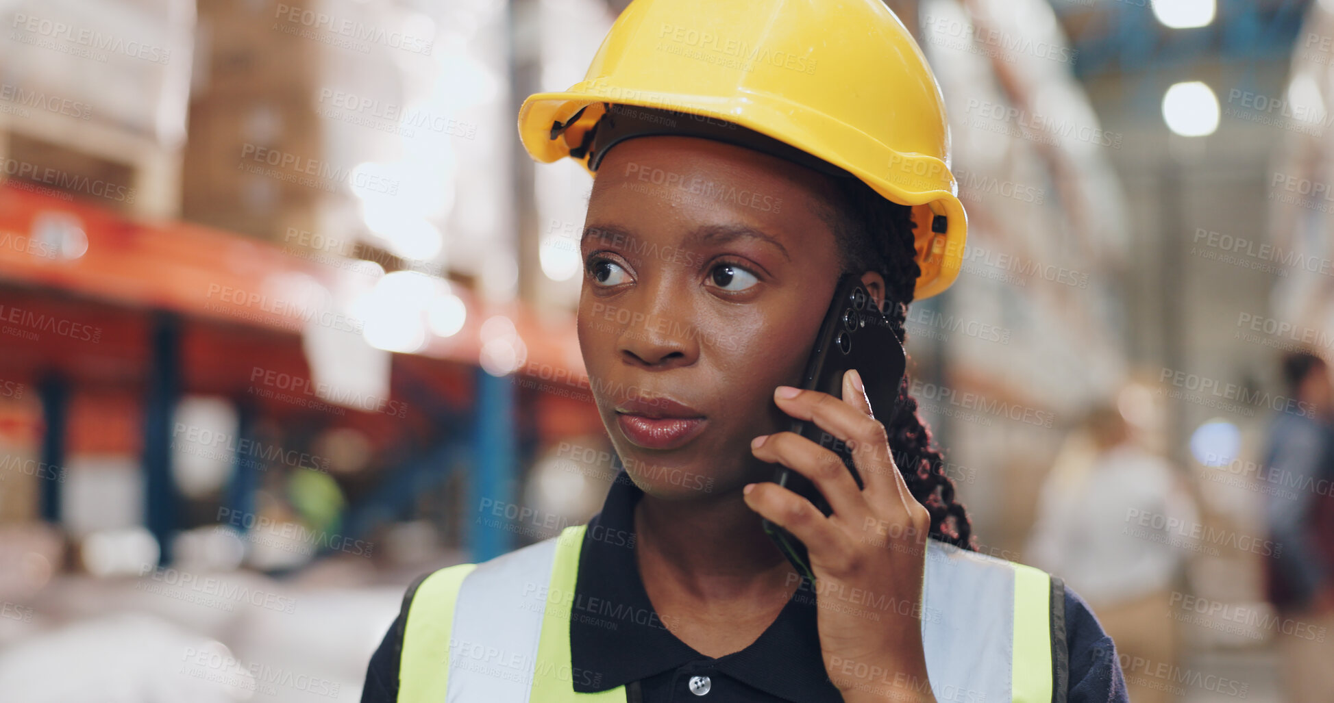 Buy stock photo Logistics, woman and phone call in warehouse for connection, stock or safety in supply chain or freight. Factory, worker and industry for quality control in manufacturing, shipping in trade or export