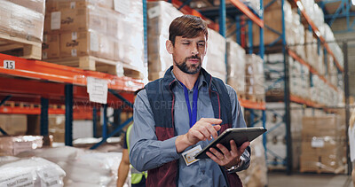 Buy stock photo Shipping, distribution and man with tablet in warehouse for stock inspection, inventory check or freight logistics. Export, checklist and employee for delivery, supply chain or quality control