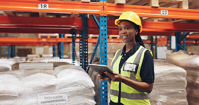 Buy stock photo African woman, tablet and logistics at warehouse for inspection, cargo and job at global shipping company. Person, touchscreen and inventory on app for review, distribution or supply chain in factory