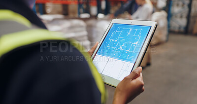 Buy stock photo Hands, architect and tablet with app for blueprint in warehouse for building, design and ideas for inspection. Contractor, touchscreen and person for floor plan, review and factory for supply chain