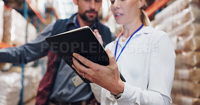 Buy stock photo Shipping, distribution and team with tablet in warehouse for stock inspection, inventory check or freight logistics. Export, checklist and people talking for delivery, supply chain or quality control