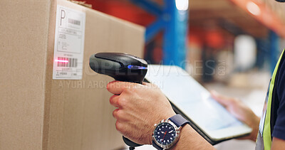 Buy stock photo Logistics, hands and man scanning barcode in warehouse with tablet for price or serial number. Cardboard, package and closeup of male cargo worker with digital technology for inventory in storage.