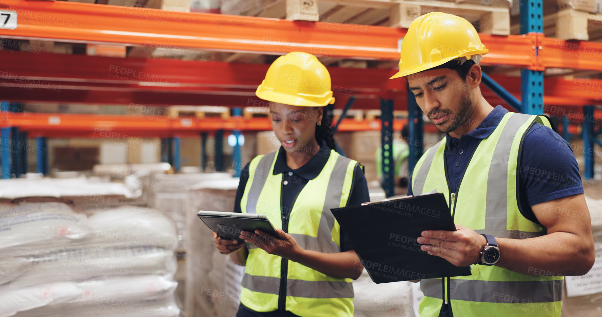 Buy stock photo Women, man and tablet for reading at warehouse for logistics, cargo pr teamwork at global shipping company. People, touchscreen and scroll on app, clipboard or distribution on supply chain in factory