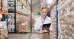 Storage, warehouse and check with tablet and business woman with quality assurance and inventory checklist. Distribution, freight supplier and order document with planning and export inspection