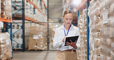 Buy stock photo Storage, warehouse and check with tablet and business woman with quality assurance and inventory checklist. Distribution, freight supplier and order document with planning and export inspection