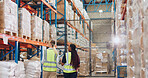 Logistics, women and tablet in warehouse with inventory, stock and price for safety in supply chain or freight. Working, people and quality control in manufacturing, shipping in trade for export