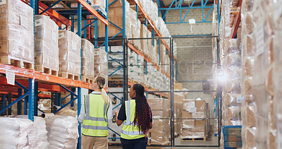 Buy stock photo Logistics, women and back in warehouse with inventory, stock and price for safety in supply chain or freight. Working, people and quality control in manufacturing, shipping in trade for export