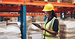 African woman, tablet and logistics at factory for inspection, cargo and job at global shipping company. Person, touchscreen and inventory on app for review, distribution or supply chain in warehouse