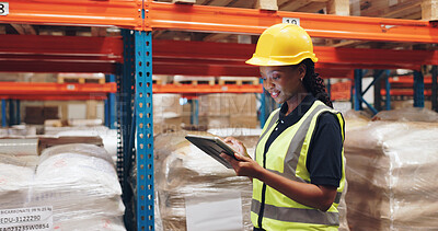 Buy stock photo African woman, tablet and logistics at factory for inspection, cargo and job at global shipping company. Person, touchscreen and inventory on app for review, distribution or supply chain in warehouse