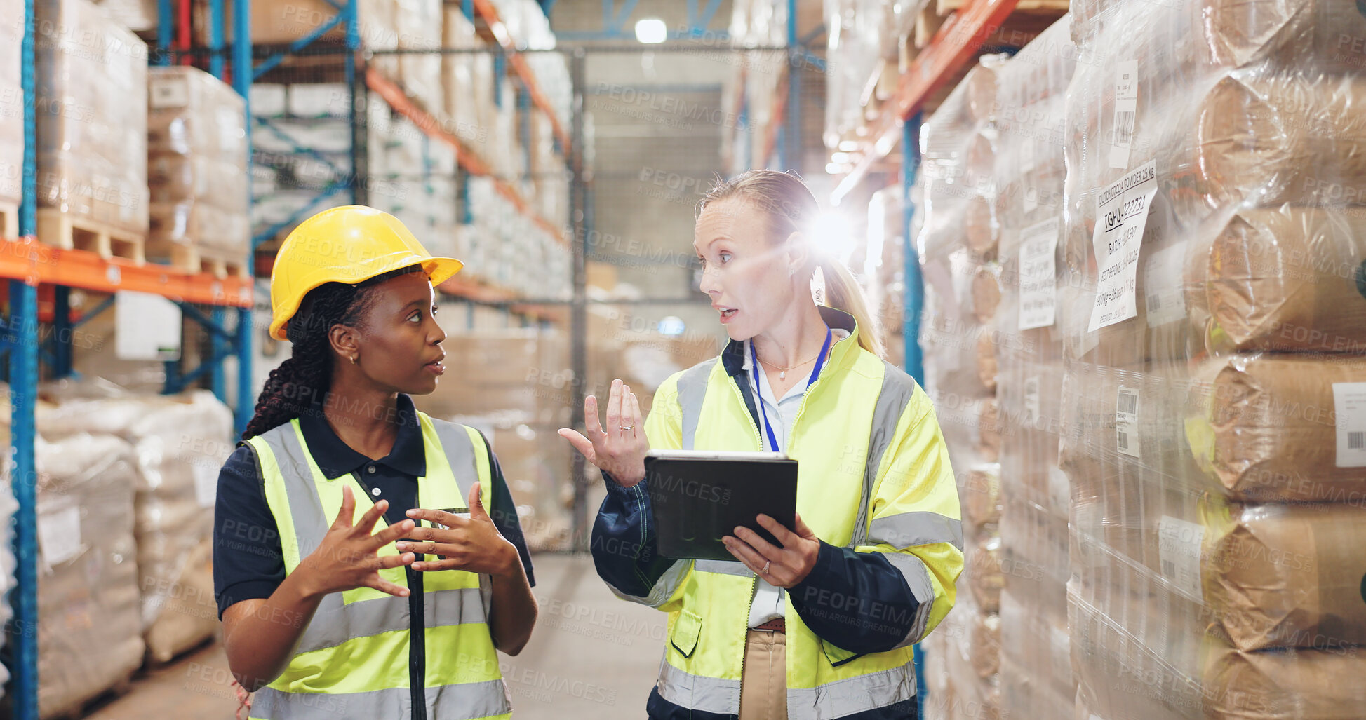 Buy stock photo Storage, warehouse women and check with tablet and cargo with quality assurance and inventory checklist. Distribution, freight supplier and order document with planning and digital export inspection