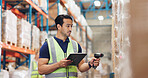 Logistics, man and tablet in warehouse with scanning, stock and price for quality control in supply chain or freight. Male person, industrial and safety in manufacturing, shipping in trade for export