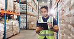 Man, tablet and logistics at warehouse for reading, inspection or cargo at global shipping company. Person, touchscreen and inventory on application in review, distribution and freight in Indonesia