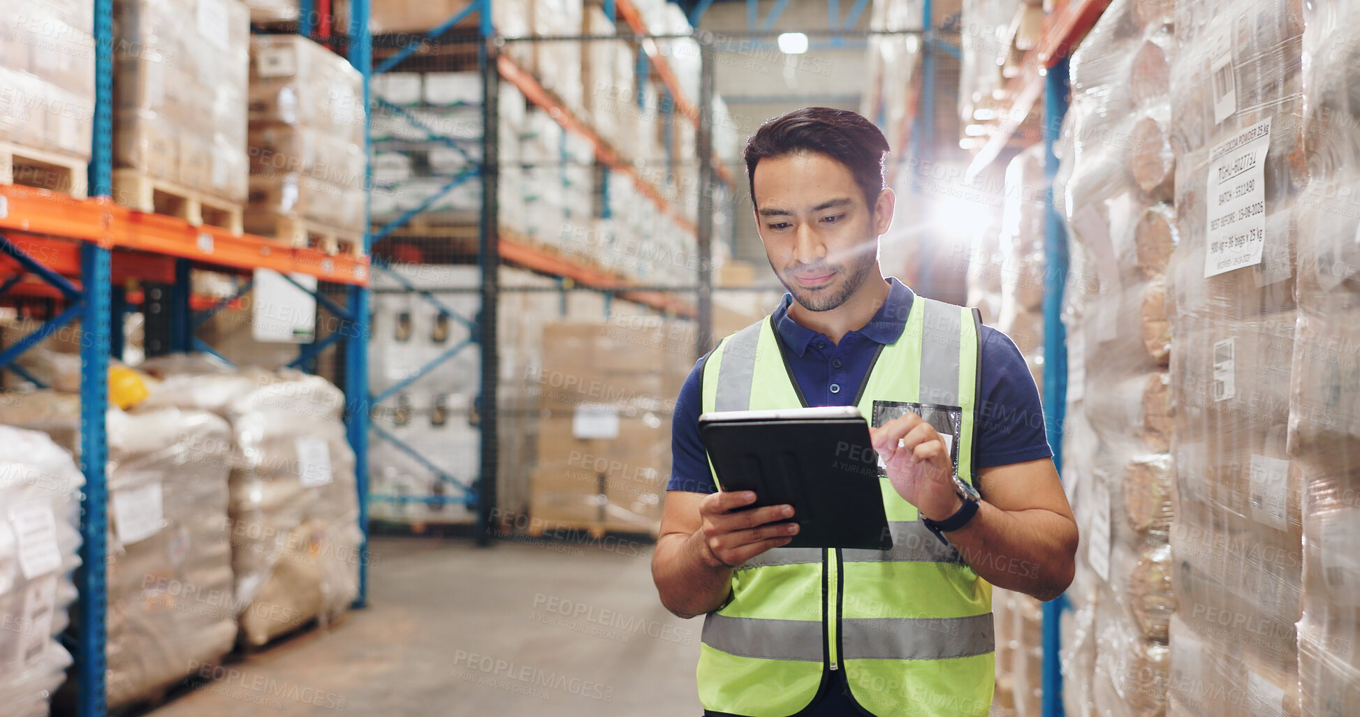 Buy stock photo Man, tablet and logistics at warehouse for reading, inspection or cargo at global shipping company. Person, touchscreen and inventory on application in review, distribution and freight in Indonesia