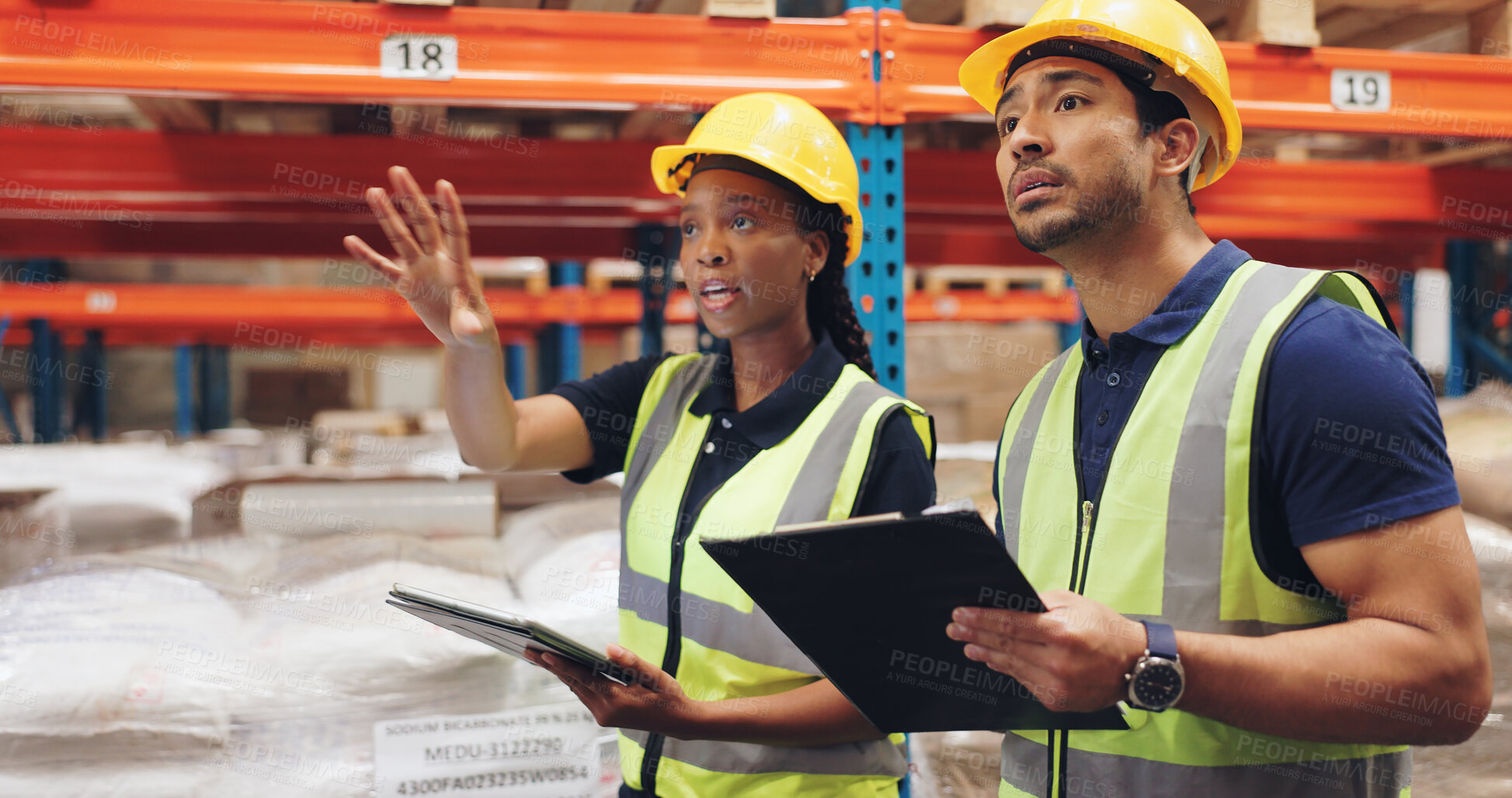 Buy stock photo Women, man and tablet in discussion at warehouse for logistics, cargo and teamwork at global shipping company. People, touchscreen and talk with app for boxes, distribution or supply chain in factory