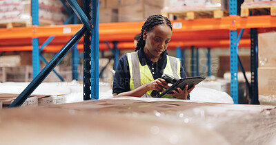 Buy stock photo Logistics, black woman and tablet in warehouse with scanning, stock and price for safety in supply chain or freight. Female person, worker and quality control in manufacturing, shipping for export